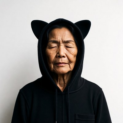 Elderly Asian woman in cat ear hoodie
