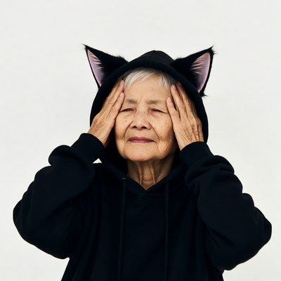 Elderly Asian woman in cat ear hoodie
