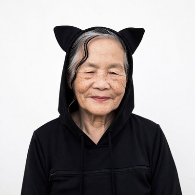 Elderly Asian woman in cat ear hoodie