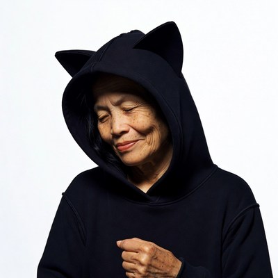 Elderly Asian woman in cat ear hoodie