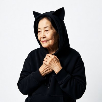 Elderly Asian woman in cat ear hoodie