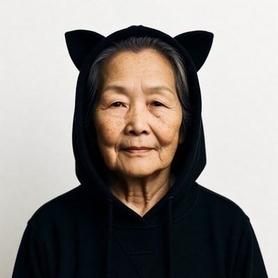 Elderly Asian woman in cat ear hoodie