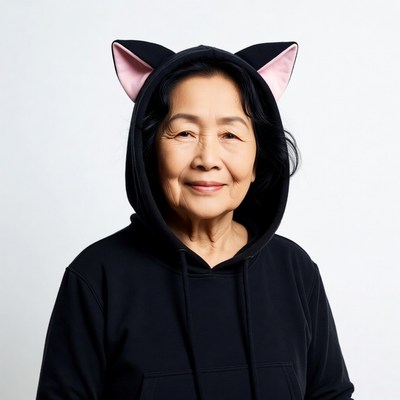 Asian elderly woman wearing cat ears hood