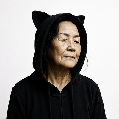 Asian elderly woman in cat ear hoodie