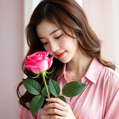 Asian woman smelling pink rose