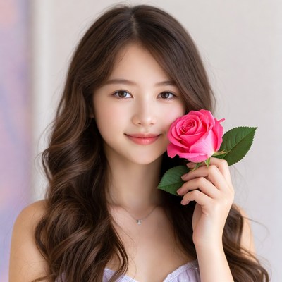 Asian woman holding pink rose