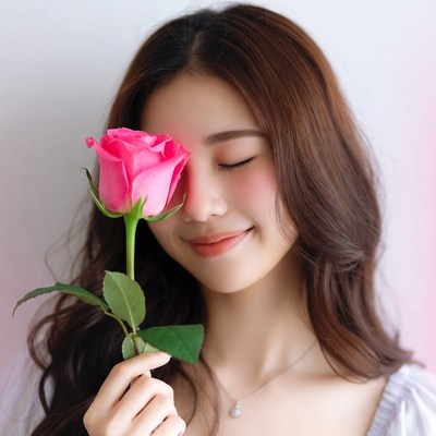Asian woman holding pink rose over eye
