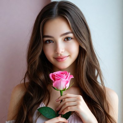 Young woman holding pink rose