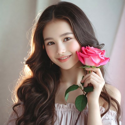Young Asian woman holding pink rose