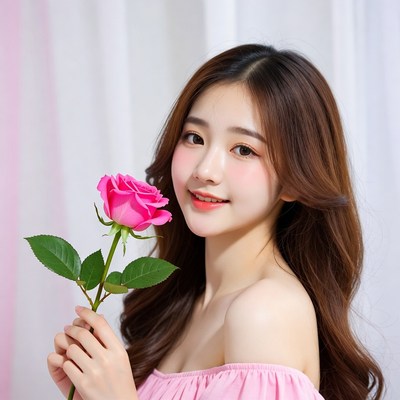 Asian woman holding pink rose