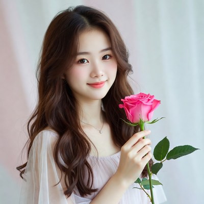 Asian woman holding pink rose
