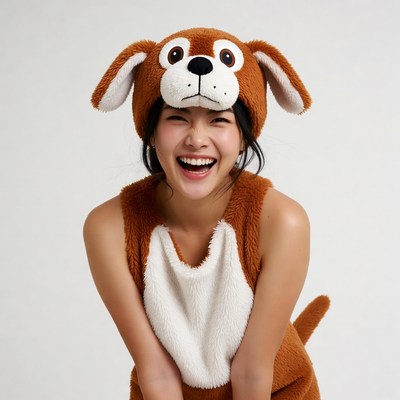 Asian woman laughing in dog costume