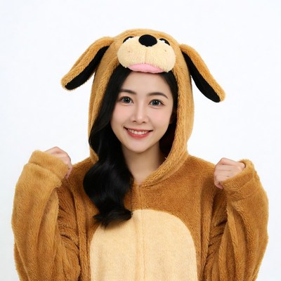 Asian woman in dog onesie hoodie