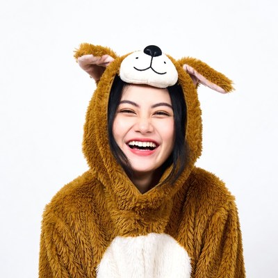 Asian woman in brown dog costume