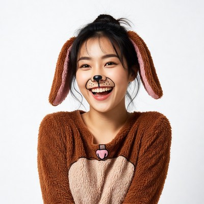 Asian girl in dog costume smiling