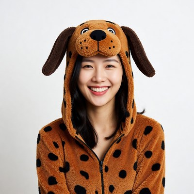 Asian woman in dog onesie