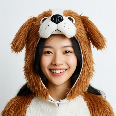 Asian girl in brown dog costume