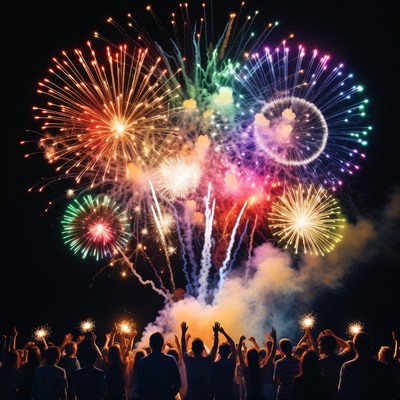 Crowd Watching Colorful Fireworks Display