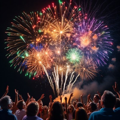Crowd cheering under colorful fireworks