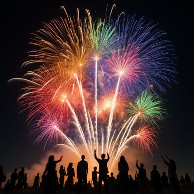 Crowd Silhouettes Watching Colorful Fireworks