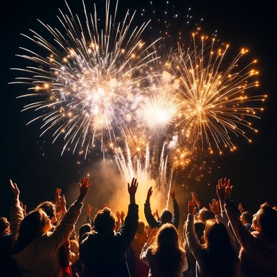 Crowd cheering fireworks display