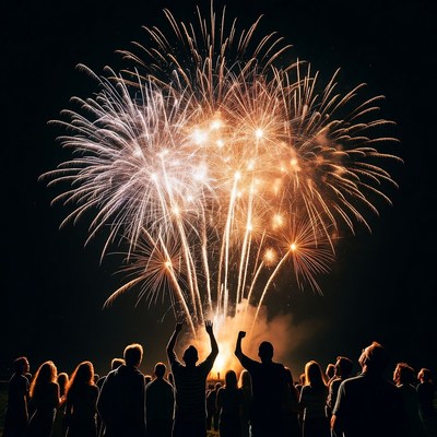 Crowd Silhouettes Watching Fireworks Display
