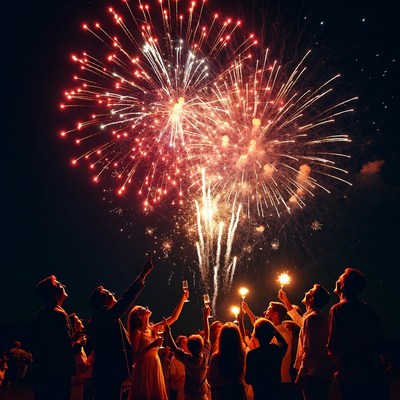 Crowd celebrating with fireworks and champagne