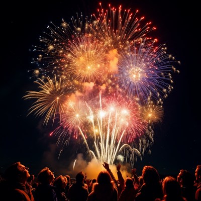 Colorful Fireworks Over Cheering Crowd
