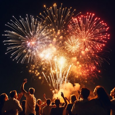 Crowd cheering under colorful fireworks
