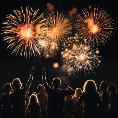 Crowd Silhouettes Watching Fireworks