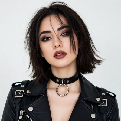 Woman in leather jacket with choker