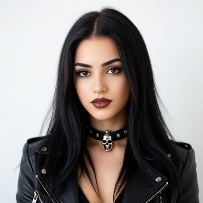Woman in leather jacket with skull choker