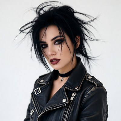 Woman with messy black hair in leather jacket