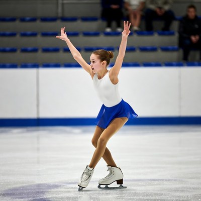Girl figure skating with arms raised