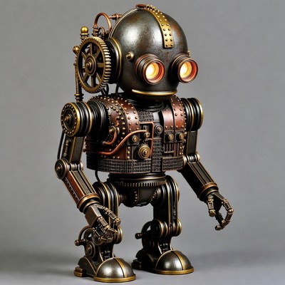 Steampunk Robot on Gray Background
