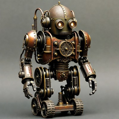 Steampunk Robot on Gray Background