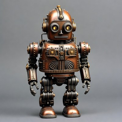 Steampunk Robot on Gray Background