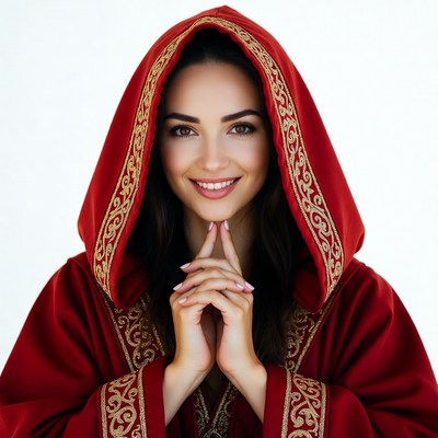 Smiling woman in red hooded robe