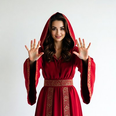 Woman in red hooded robe with hands outstretched