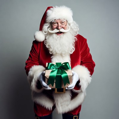 Santa Claus holding green gift box