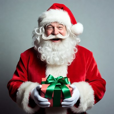 Santa Claus holding green ribbon gift