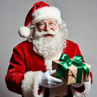 Santa Claus holding green ribbon gift box