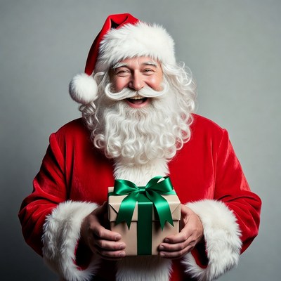 Smiling Santa Claus holding green gift box