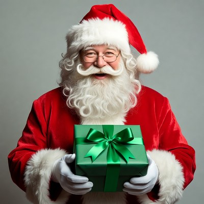 Santa Claus holding green gift box