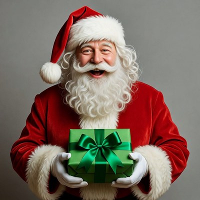 Santa Claus holding green gift box