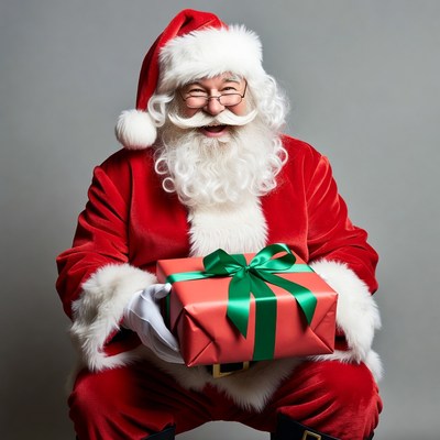 Smiling Santa Claus holding red gift box