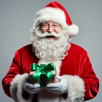 Santa Claus holding green gift