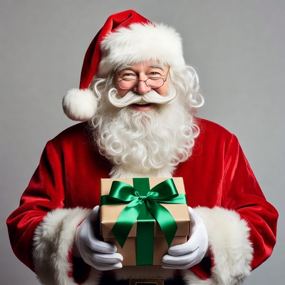 Santa Claus holding green ribbon gift box