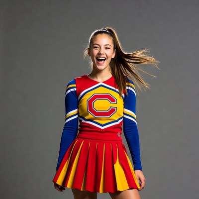 Smiling cheerleader in red uniform