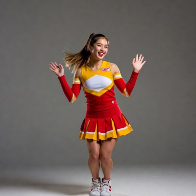 Asian cheerleader jumping in uniform